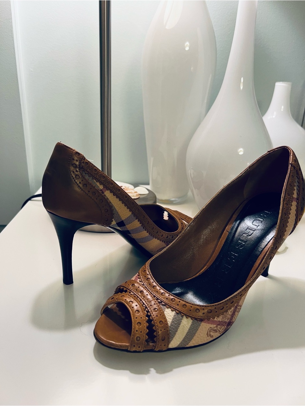 Burberry Brown Leather & Check Peep-Toe Heels